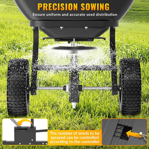 Heavy Duty Tow Behind Broadcast Spreader With 200 Lb Hopper And 13 Inch Pneumatic Tires spreading seeds