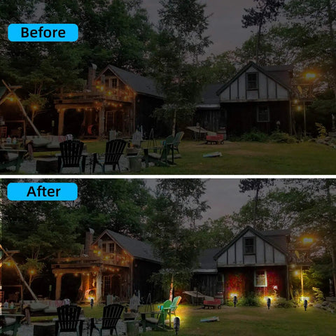 Before and after of yard with Six Pack 12V 5W LED Landscape Lights, 450 Lumen Warm White 2700K illuminating garden.