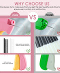 Comparison of pink-yellow handheld stitch gun with micro tagging gun and accessories versus other brand in pink and green.