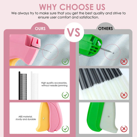Comparison of pink-yellow handheld stitch gun with micro tagging gun and accessories versus other brand in pink and green.
