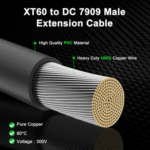 Close-up view of XT60 to DC 7909 Male Extension Cable showcasing pure copper wires and PVC material, highlighting durability and quality.