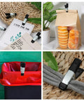 Collage showing 20 Pcs Small Spring Clamps Set Heavy Duty 2 Inch Mini Clips Stainless Steel With Rubber Coated Handle holding items