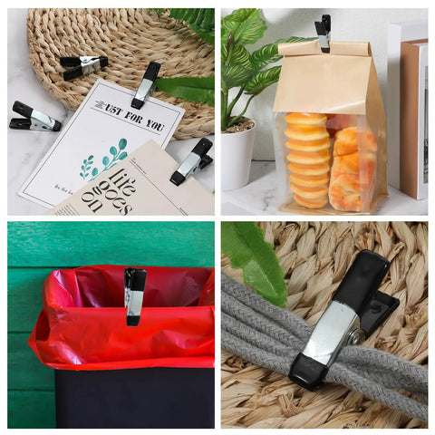 Collage showing 20 Pcs Small Spring Clamps Set Heavy Duty 2 Inch Mini Clips Stainless Steel With Rubber Coated Handle holding items