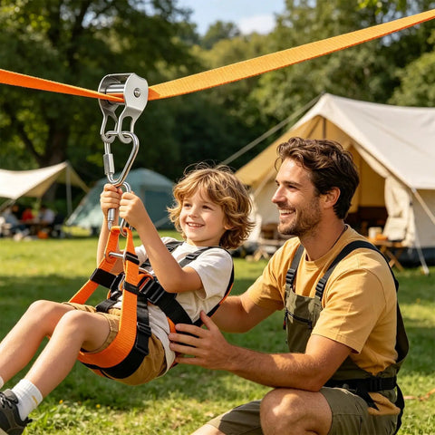Father helping son on outdoor zip line conversion kit with smooth glide pulley system in backyard, tents in background.