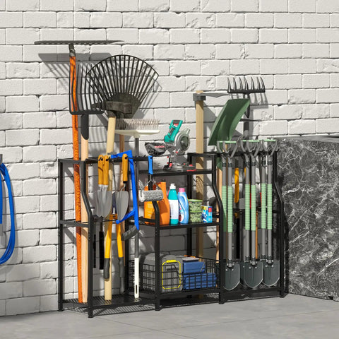 Three Tier Garden Tool Organizer Rack Heavy Duty Utility Stand With Shelves Slots Baskets And Hooks for indoor storage