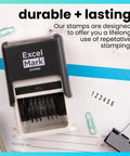 Hella Durable Self Inking Rubber Number Stamp Featuring Adjustable Six Digit Bands With Rich Black Ink on a desk with paperwork.