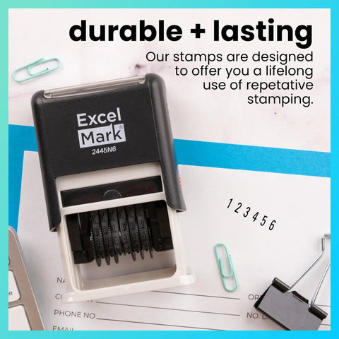 Hella Durable Self Inking Rubber Number Stamp Featuring Adjustable Six Digit Bands With Rich Black Ink on a desk with paperwork.