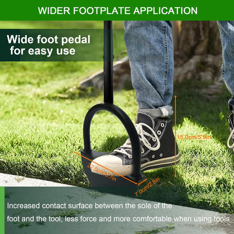 41 Inch Manual Lawn Edger With Two Replaceable Blades And T Grip Handle in use on sidewalk, showing foot pedal for easy use.