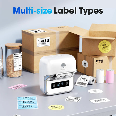 3 Inch Label Maker Portable Printer For Home Office, 2026 Upgrade With 2200mAh Battery, shown printing various label types.