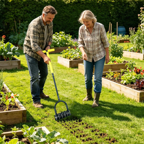 Man using Manual Lawn Aerator Tool With T Handle And Stainless Steel Spikes For Deep Soil Loosening In Garden Lawn 99x24cm