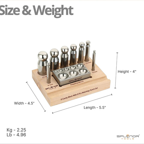 Heavy Duty Steel 8 Hole Dapping Block And 8 Matching Punch Set for jewelry making on wooden stand with size dimensions