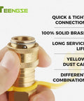 Close-up of 3/8 inch brass gas quick connect fitting with yellow dust cap, part of the Three Eighths Inch Natural Gas Quick Connect Fittings Kit.
