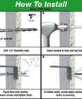 Steps to install Alligator AF6 Flanged Anchor with screws in hollow wall using drill, anchor, and screw.