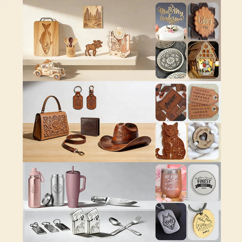 Various DIY items including laser-engraved wood, leather, and metal projects made with 10W Desktop Laser Engraver With Full Safety Enclosure.