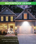 Ultra Bright 150W LED Wall Pack Light With Dusk Dawn Sensor 5000K lighting up residential garage exterior in rain