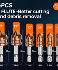 Countersink Drill Bit Set With M35 Cobalt HSS Six Piece Quick Change One Quarter Inch Hex Shank for metal and wood use.
