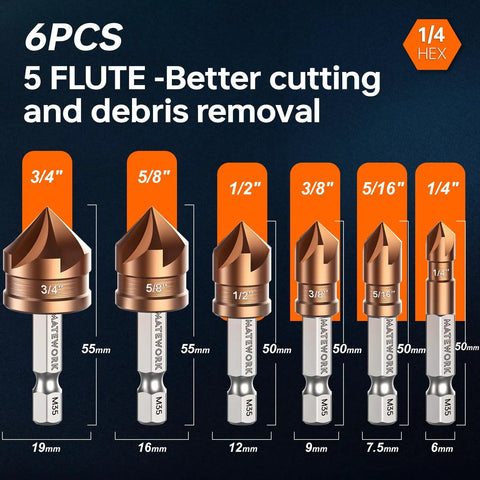 Countersink Drill Bit Set With M35 Cobalt HSS Six Piece Quick Change One Quarter Inch Hex Shank for metal and wood use.