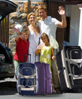 Luggage: Olympia 29-inch jumbo wheeled duffel bag with 8 pockets and retractable handle; blue, purple, and black.