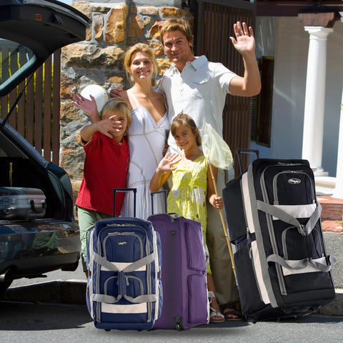 Luggage: Olympia 29-inch jumbo wheeled duffel bag with 8 pockets and retractable handle; blue, purple, and black.