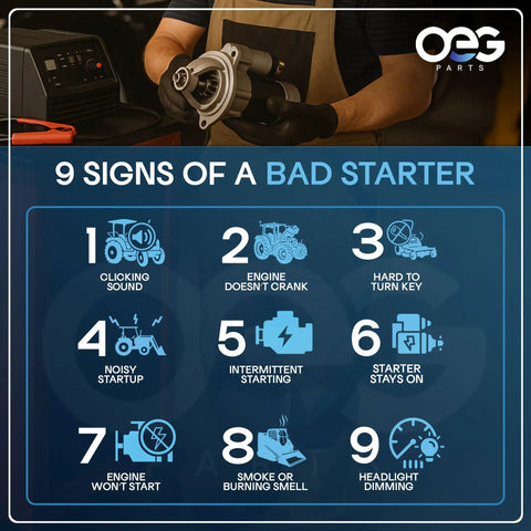 Signs of a bad starter for Case New Holland tractor including clicking sound, engine issues, hard turn key, and more.