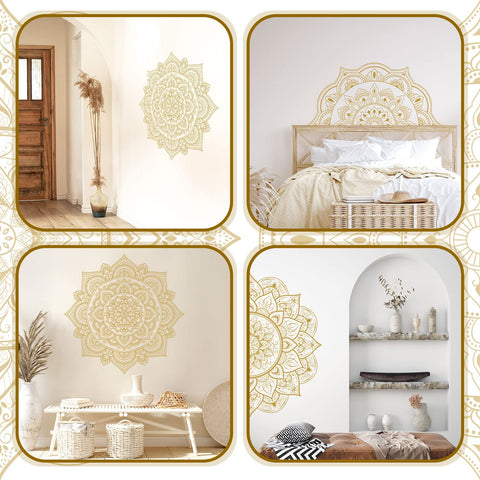 Gold Half Mandala Wall Decals Set With Lotus Flower Vinyl Art For Boho Bedroom And Living Room Four Piece Peel And Stick Kit Two Patterns That Form A Complete Mandala Perfect Headboard Decor For Yoga And Namaste Vibes