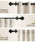 Beefy Black Curtain Rod System Fits 32 To 240 Inches Wide, 1 Inch Diameter, shown with grommet, ring, and back tab curtains.