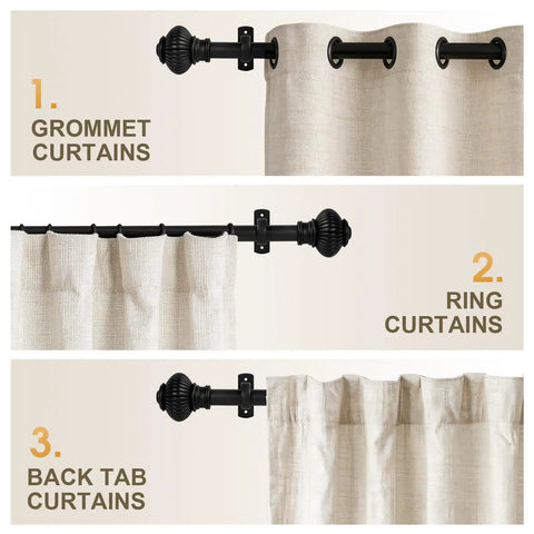 Beefy Black Curtain Rod System Fits 32 To 240 Inches Wide, 1 Inch Diameter, shown with grommet, ring, and back tab curtains.