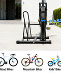 Dual Bike Rack For Indoor Or Outdoor Use Heavy Duty Steel Tire Storage Stand with PVC Feet holding a bike