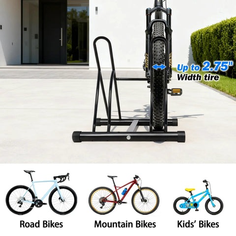 Dual Bike Rack For Indoor Or Outdoor Use Heavy Duty Steel Tire Storage Stand with PVC Feet holding a bike