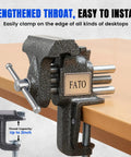 Heavy Duty 3 Inch 360 Swivel Clamp On Bench Vise Drops A Knockout 800 Pound Lockdown Grip mounted on a desk edge for easy clamping.