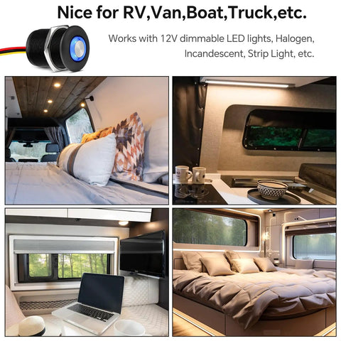Built Tough 12 Volt Light Dimmer PWM Switch For RV And Boat installed in cozy van and RV interiors with modern decor.