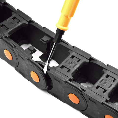 Open Type Drag Chain Cable Carrier With End Connectors R75 35x50mm, L1000mm Length being adjusted with a tool