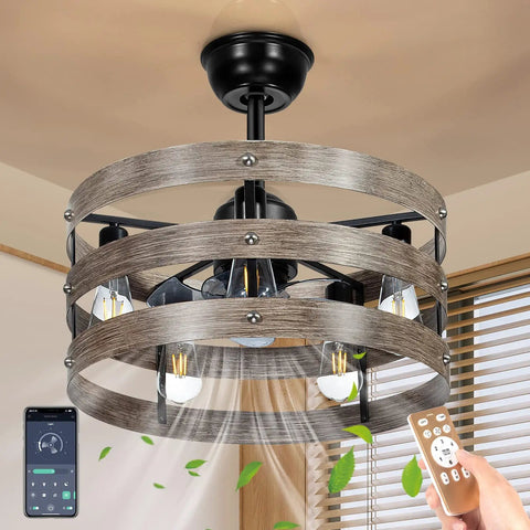 20 Inch Bladeless Ceiling Fan With Lights Remote App Control, Modern Vintage Design, showing app and remote control