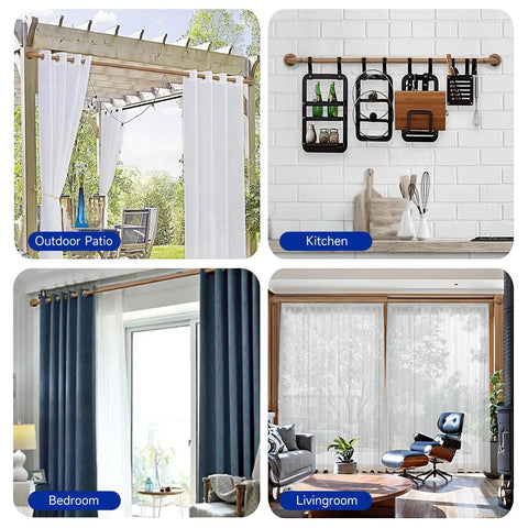 Heavy Duty Adjustable Curtain Rod Set With One Inch Diameter Wood Grain Pattern in various indoor and outdoor settings