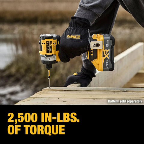 Person using 20V Max XR Cordless Impact Driver Bare Tool With 1 Quarter Inch Hex Chuck High Torque Beast For Tough Jobs on wood