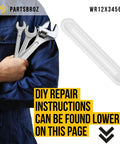 White Pocket Handle WR12X34565 Replacement For GE And Hotpoint Refrigerators with tools shown for DIY repair.