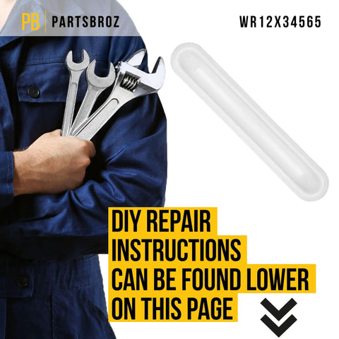 White Pocket Handle WR12X34565 Replacement For GE And Hotpoint Refrigerators with tools shown for DIY repair.