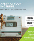 Travel trailer on sandy beach with woman climbing ladder, promoting propane tank gauge with leak detector and emergency shut off for RV use.