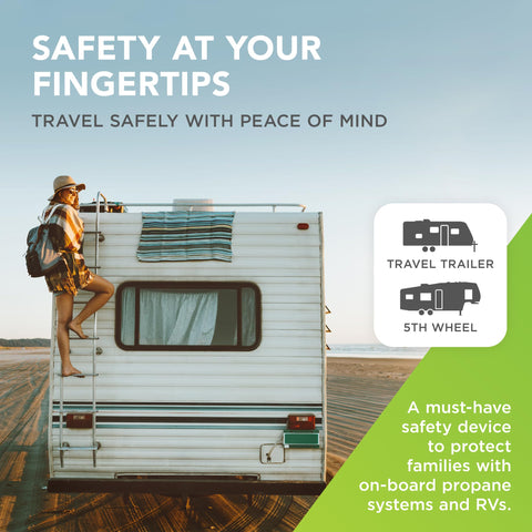 Travel trailer on sandy beach with woman climbing ladder, promoting propane tank gauge with leak detector and emergency shut off for RV use.