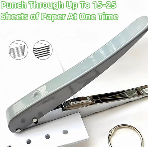 Heavy Duty One Hole Punch For Crafting And Card Making, zinc alloy puncher with one-quarter inch hole size, shown punching paper