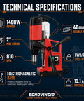 Heavy Duty Portable Magnetic Drill Press Built Tough For Daily Grind 1400 Watt Motor Delivers Serious Punch Plus Six Piece Annular Cutter Set With Rock Solid Electromagnetic Base For Smooth Two Inch Boring Anywhere technical specifications display for 1400W power and 2 inch max boring.