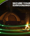 Night camping scene with tent and campfire secured by 12 Gauge Perimeter Alarm Adapter For Nailgun Blank Fire 22 Caliber Blanks