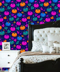 Pumpkin Botanical Instant Peel And Stick Wallpaper Removable Self Adhesive Wallcovering Quick Refresh Temporary Accent Decor For Living Room features colorful pumpkins on dark background.