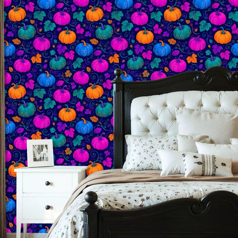 Pumpkin Botanical Instant Peel And Stick Wallpaper Removable Self Adhesive Wallcovering Quick Refresh Temporary Accent Decor For Living Room features colorful pumpkins on dark background.