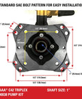 Horizontal Triplex Plunger Replacement Pressure Washer Pump Kit Built Tough For 3800 PSI At 3.5 GPM With 1 Inch Shaft Siphon Tube And Hardware Included Fits Industrial Gas Powered Machines Black showing SAE bolt pattern dimensions