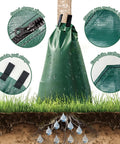 20 Gallon Tree Water Bags With Slow Release Irrigation System For Deep Root Moisture, green PVC design around tree trunk