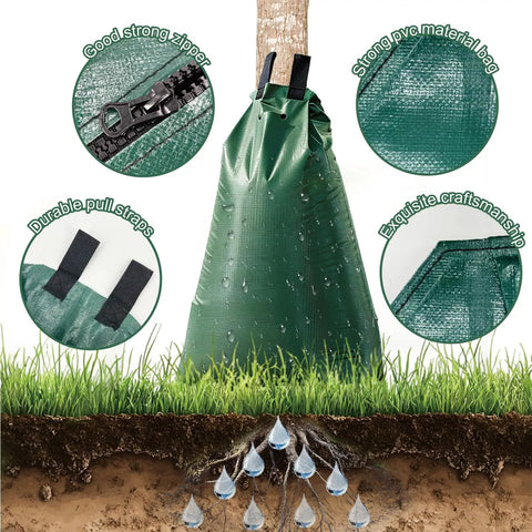 20 Gallon Tree Water Bags With Slow Release Irrigation System For Deep Root Moisture, green PVC design around tree trunk