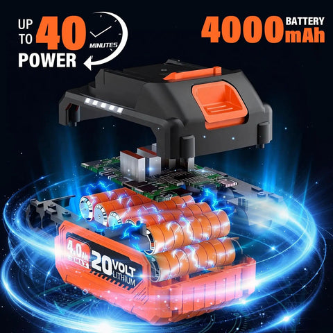 Exploded view of 4.0Ah 20V lithium battery powering Lawn Edger With 9-Inch Cutting Width, Cordless Convenience, Three-Position Blade Depth.