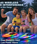 Family enjoying 2-Pack RC Boats for pool and lake fun with 2 controllers, 2.4GHz remote, 7-mode LED lights, waterproof hull.