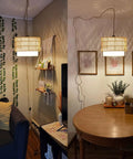 Super Chic Handwoven Rattan Plug In Pendant Light With Nifty Inline Dimmer And Removable Double Drum Shades For Low Key Cool Boho Kitchen Island Home Decor Flex hanging above a dining table with decorative wall.